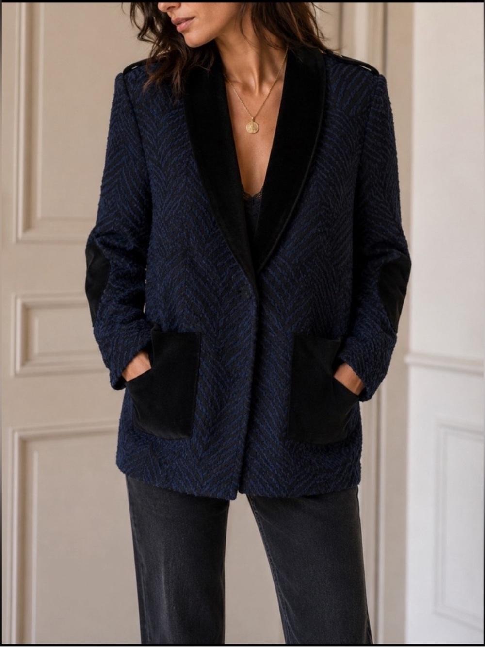 Sézane blazer Navy unique Chevron Shawl Lapel Elbow Patch Equestrian small
